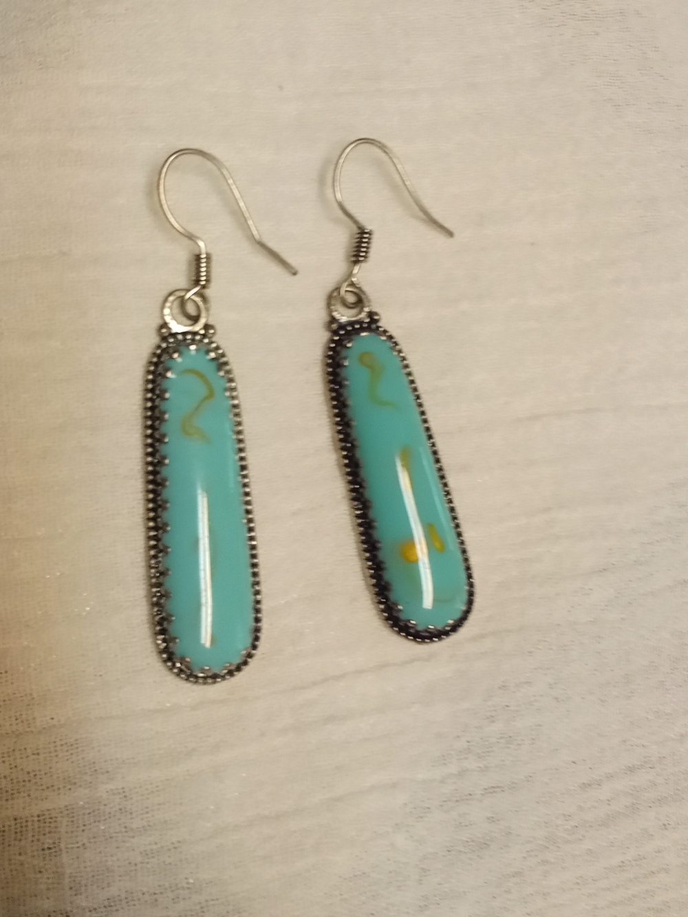 Turquoise Glass Drop Earrings - Silver Frame